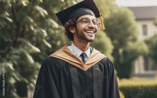 Joyful young man in graduation attire standing in garden, smilin photo