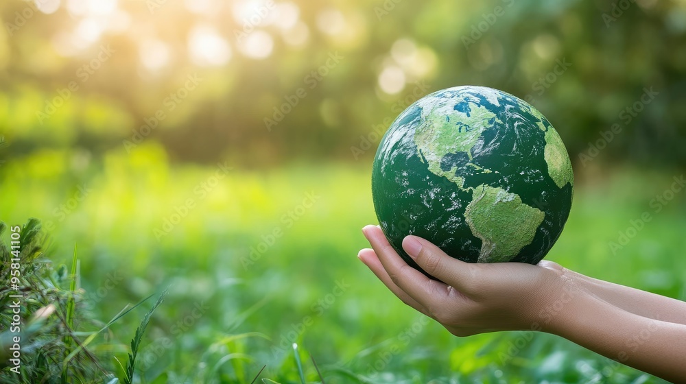 Close-up of a hand lifting a green Earth, symbolizing environmental stewardship and global unity Close-up of a hand lifting a green Earth, symbolizing environmental stewardship and global unity