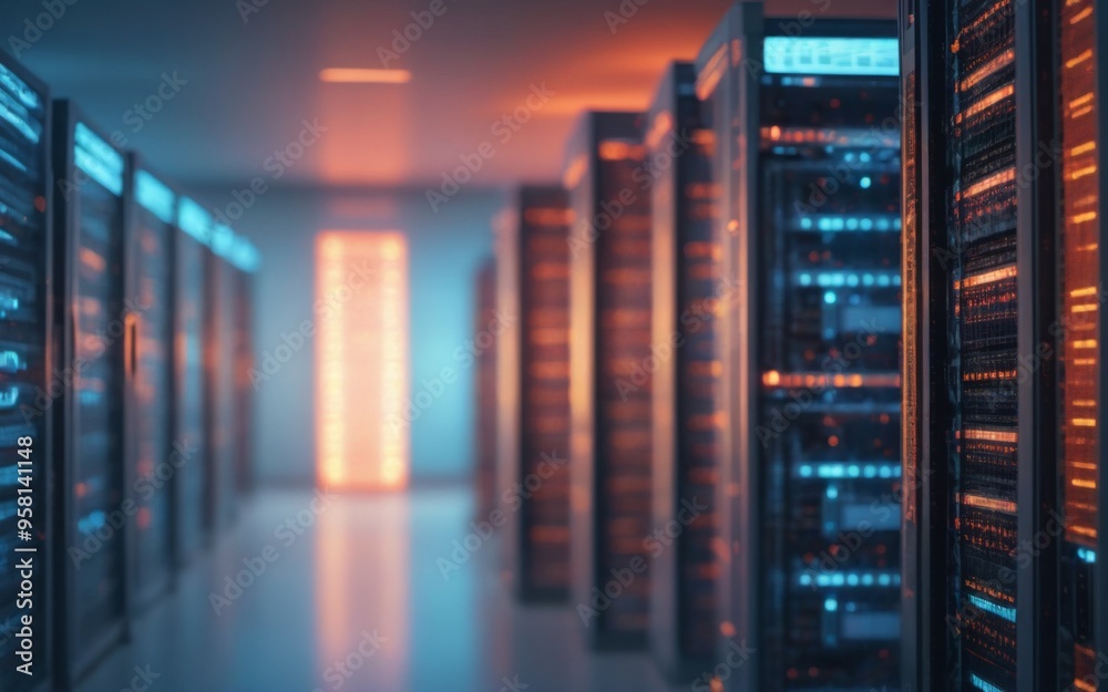 Futuristic server room with neat rows of servers, well-lit, mode Futuristic server room with neat rows of servers, well-lit, mode