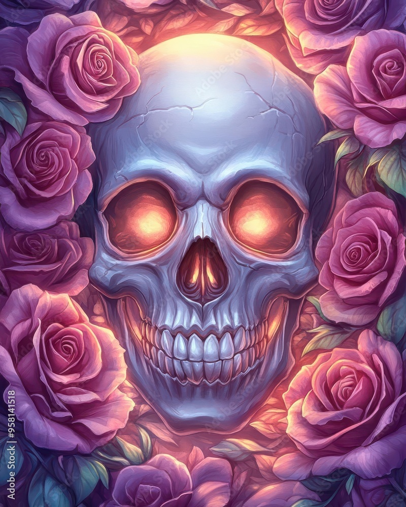 Illustration of a glowing skull surrounded by vibrant roses, blending eerie and beautiful elements in vivid colors. Illustration of a glowing skull surrounded by vibrant roses, blending eerie and beautiful elements in vivid colors.