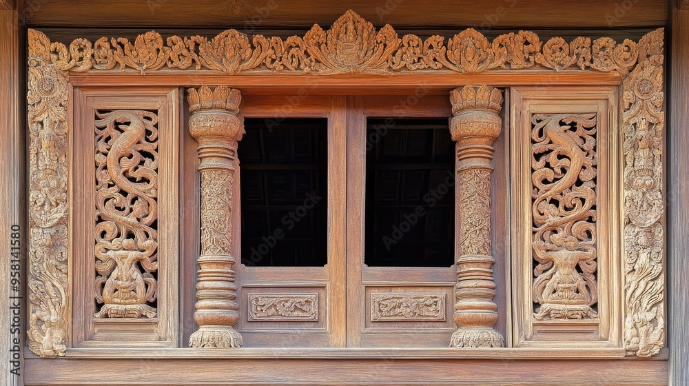 A close-up of the detailed wooden carvings on the doors and windows of a Thai wooden house, highlighting the craftsmanship and cultural heritage. Ample copy space available. A close-up of the detailed wooden carvings on the doors and windows of a Thai wooden house, highlighting the craftsmanship and cultural heritage. Ample copy space available.