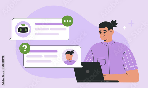 AI chatbot and man communication, human is using Artificial Intelligence online support, user messaging via laptop with smart robot assistant. Flat vector illustration on isolated purple background