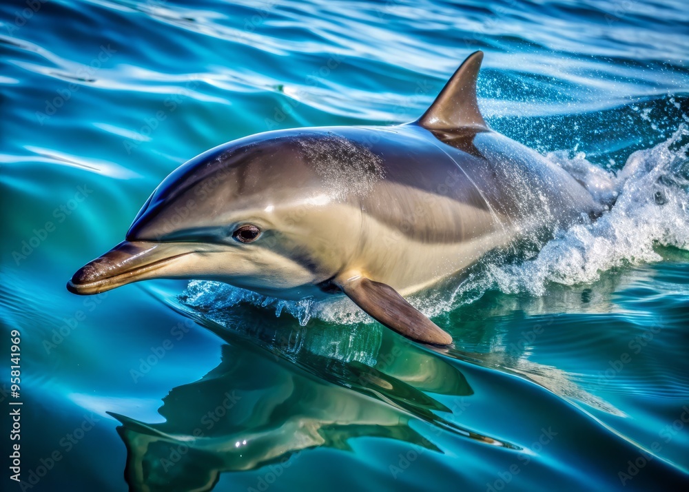 Naklejka premium a photo image of a Stenella longirostris, a species of dolphin, swimming in the open ocean with its dorsal fin and blowhole visible.