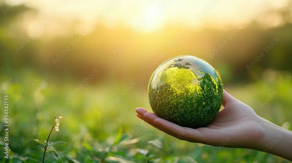 Hand of a person holding a green Earth, symbolizing global sustainability, with a clear sky in the background Hand of a person holding a green Earth, symbolizing global sustainability, with a clear sky in the background