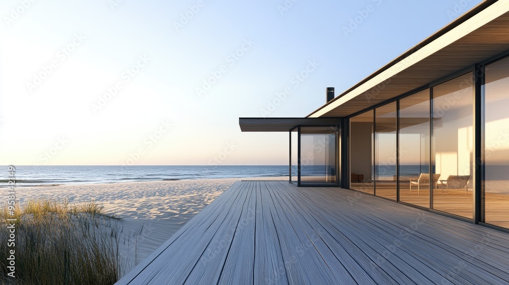A minimalist beach house with clean lines and open spaces, featuring a wooden deck leading directly to the sandy beach, emphasizing simplicity and relaxation. Ample copy space available. A minimalist beach house with clean lines and open spaces, featuring a wooden deck leading directly to the sandy beach, emphasizing simplicity and relaxation. Ample copy space available.