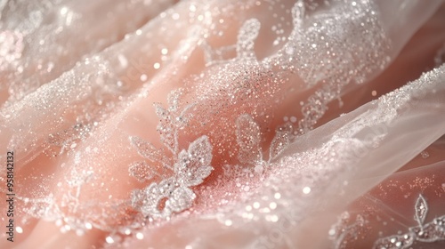 Shimmering Peach and Silver Lace Fabric photo