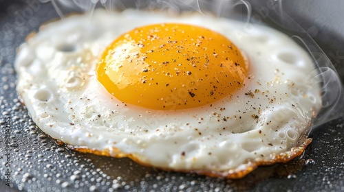 Close-up of a perfectly cooked sunny-side-up egg with pepper seasoning on top, sizzling in a pan, vibrant yellow yolk contrasts with crisp white,  delicious simplicity freshly made breakfast. photo