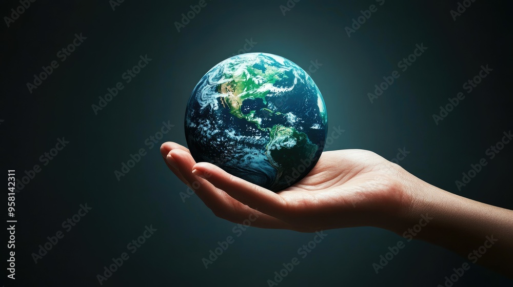 Human hand holding a green Earth, representing the need for global unity in preserving our planet Human hand holding a green Earth, representing the need for global unity in preserving our planet