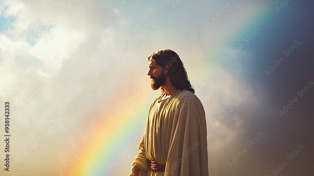 Jesus standing in front of a rainbow, symbolizing his promise of hope and new life Jesus standing in front of a rainbow, symbolizing his promise of hope and new life