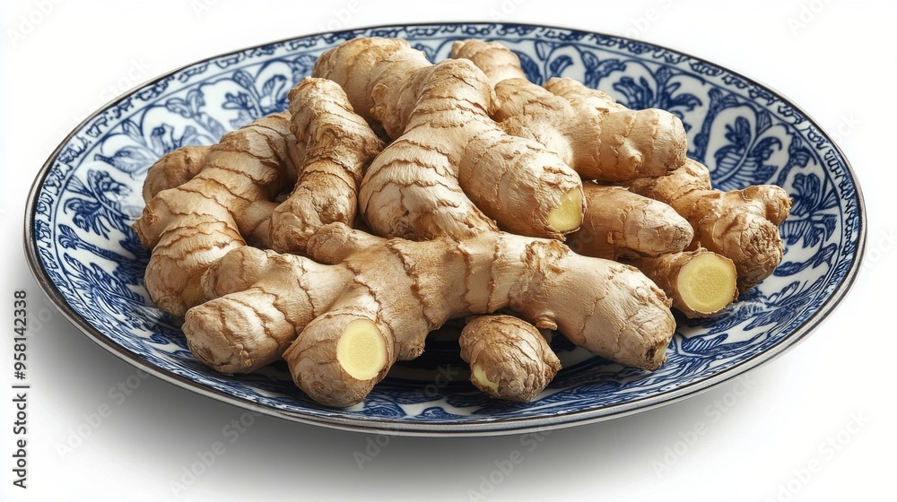 Fresh ginger roots displayed on a black plate in a home kitchen setting during daylight Fresh ginger roots displayed on a black plate in a home kitchen setting during daylight
