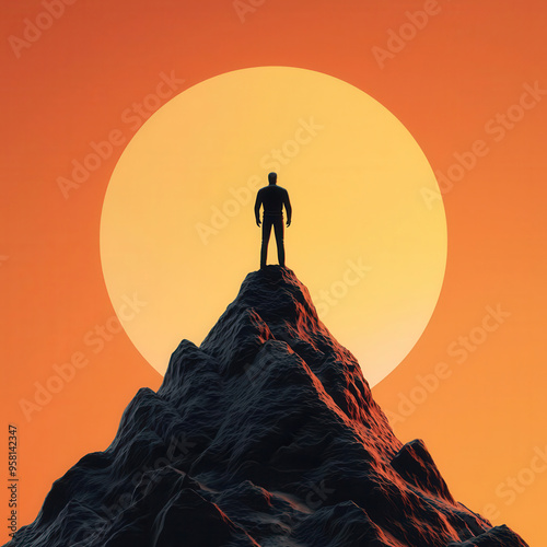 Silhouette of a person standing triumphantly on a mountain peak with a giant sun in the background during sunset. photo