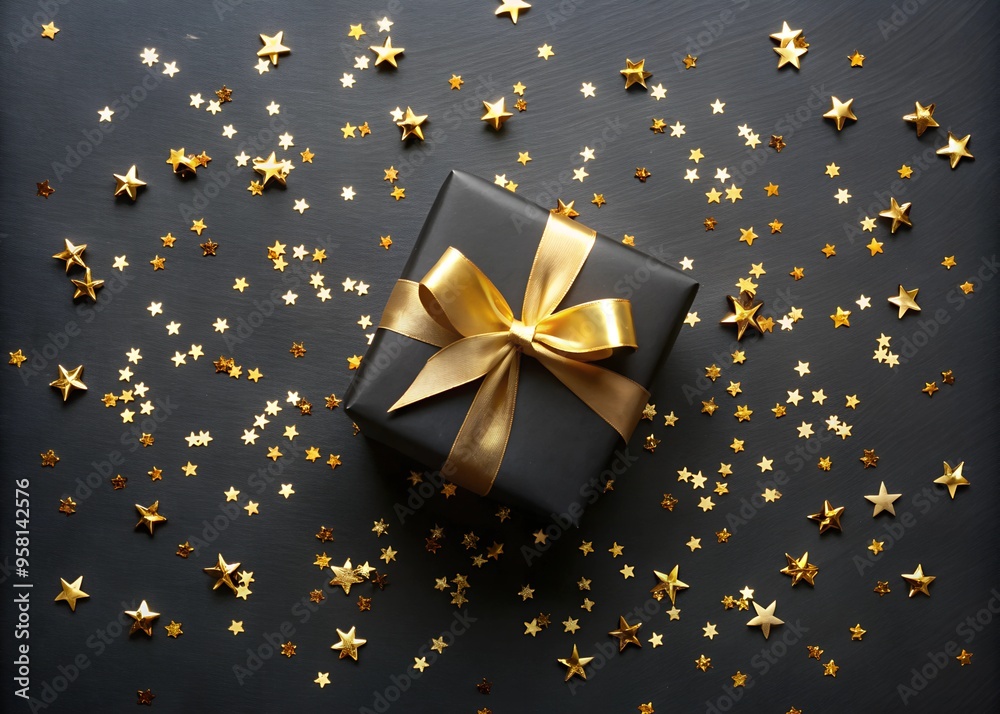Elegant black gift box with a gold ribbon and scattered star confetti, perfect for Black Friday sales, Christmas gifts, and festive marketing promotions Elegant black gift box with a gold ribbon and scattered star confetti, perfect for Black Friday sales, Christmas gifts, and festive marketing promotions