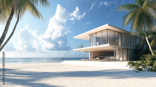 A modern beach house with large windows overlooking the ocean, surrounded by palm trees and white sand, capturing the perfect blend of luxury and natural beauty. Ample copy space for text.