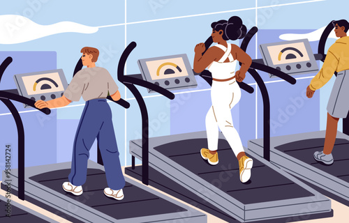 People in sportswear do cardio training. Athletes run on treadmill during workout. Men and women jogging with sport equipment in gym. Characters practice physical exercises. Flat vector illustration