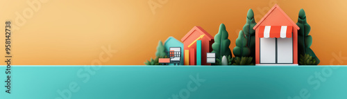 Small colorful shop buildings with trees on an orange and teal background, ideal for business and urban themes.