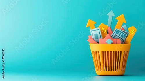 Yellow basket filled with financial symbols and upward arrows against a blue background representing growth and economic progress.