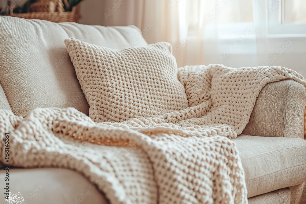 Cozy Knitted Blanket and Pillow on a Couch Cozy Knitted Blanket and Pillow on a Couch
