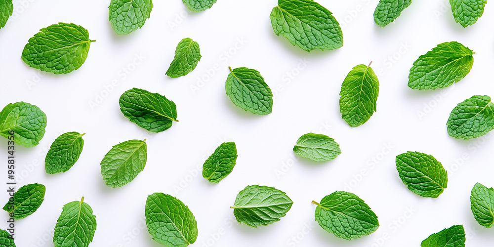 Freshly fallen mint leaves isolated on a white background in a flat lay arrangement Freshly fallen mint leaves isolated on a white background in a flat lay arrangement