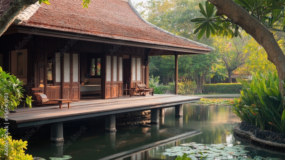 A traditional Thai wooden house with a spacious veranda, overlooking a tranquil pond, showcasing the integration of indoor and outdoor living. Plenty of space for copy or branding. A traditional Thai wooden house with a spacious veranda, overlooking a tranquil pond, showcasing the integration of indoor and outdoor living. Plenty of space for copy or branding.