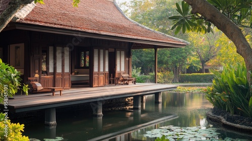 A traditional Thai wooden house with a spacious veranda, overlooking a tranquil pond, showcasing the integration of indoor and outdoor living. Plenty of space for copy or branding.