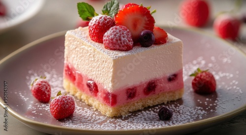 Delicious strawberry mousse dessert on a dark plate with fresh berries scattered around