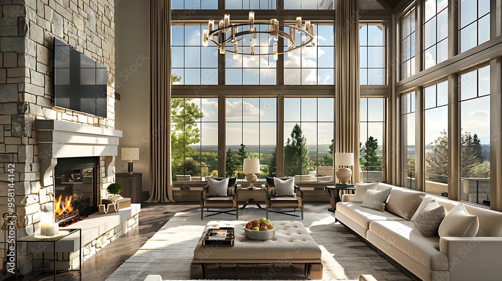 A stunning living room in a new luxury home featuring a roaring fireplace, large windows hinting at an exterior view, and elegant furnishings, captured in high-definition detail A stunning living room in a new luxury home featuring a roaring fireplace, large windows hinting at an exterior view, and elegant furnishings, captured in high-definition detail