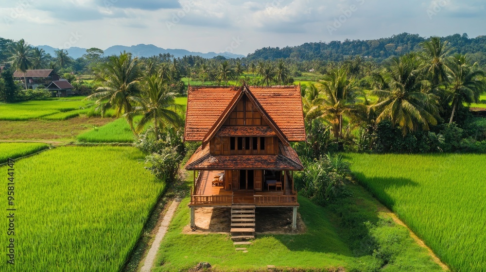 Fototapeta premium An aerial view of a Thai wooden house nestled in a rural landscape, with rice fields and palm trees in the background, emphasizing its connection to the environment. Plenty of space for copy.