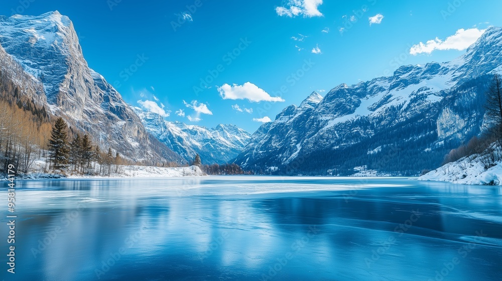 Fototapeta premium Breathtaking alpine landscape with snow-capped peaks reflecting in a crystal-clear lake