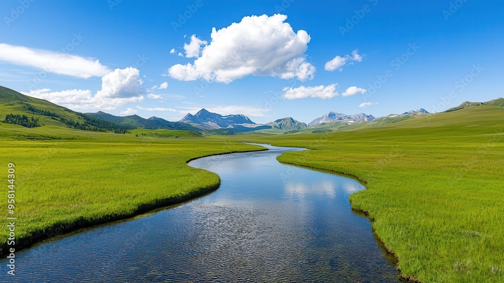 A river flowing freely through a valley after winter s thaw, symbolizing renewal, freshness, and continuous change A river flowing freely through a valley after winter s thaw, symbolizing renewal, freshness, and continuous change
