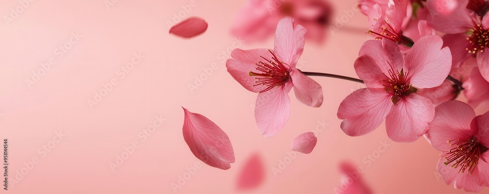 Fototapeta premium Cherry blossom petals falling gently in a spring breeze, symbolizing renewal and the beauty of new beginnings