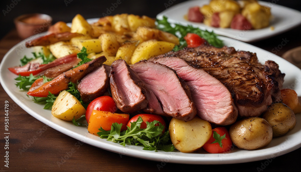 Juicy grilled steak served with roasted potatoes and colorful vegetables on a large platter at a rustic dining setting Juicy grilled steak served with roasted potatoes and colorful vegetables on a large platter at a rustic dining setting