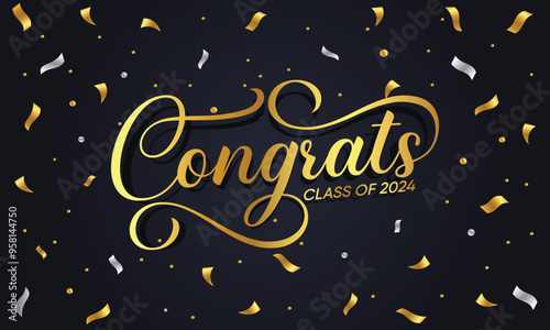 Congratulations Gold Text lettering greeting sign with Confetti. Handwritten modern