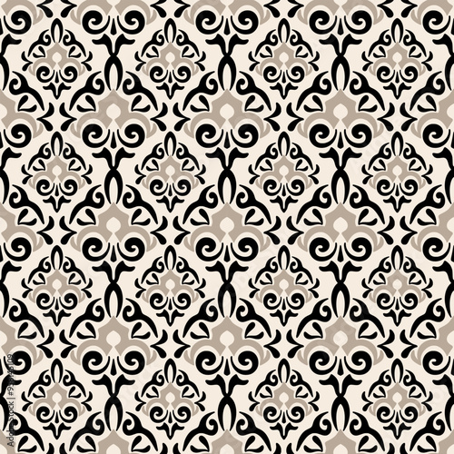 A seamless damask pattern in brown and white, featuring intricate floral motifs and scrolling foliage. This design exudes luxury and sophistication, perfect for adding elegance to any interior space.