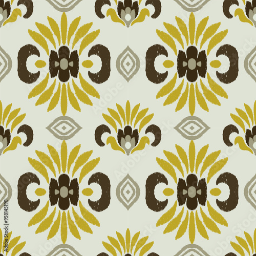 A seamless ikat pattern in brown, yellow, and gray, featuring abstract floral motifs and geometric shapes. This design offers a modern, organic look, perfect for adding bohemian chic to any interior