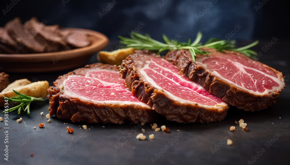 Juicy slices of roasted beef on a dark surface with fresh herbs and seasonings ready for a delicious meal preparation Juicy slices of roasted beef on a dark surface with fresh herbs and seasonings ready for a delicious meal preparation