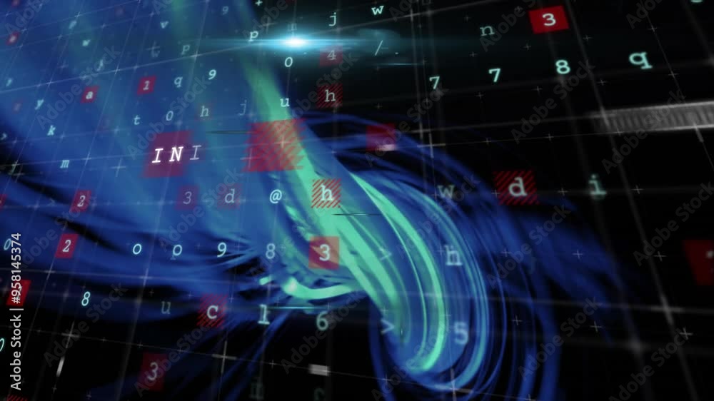 INTERNET text animation over swirling blue shapes and red numbers