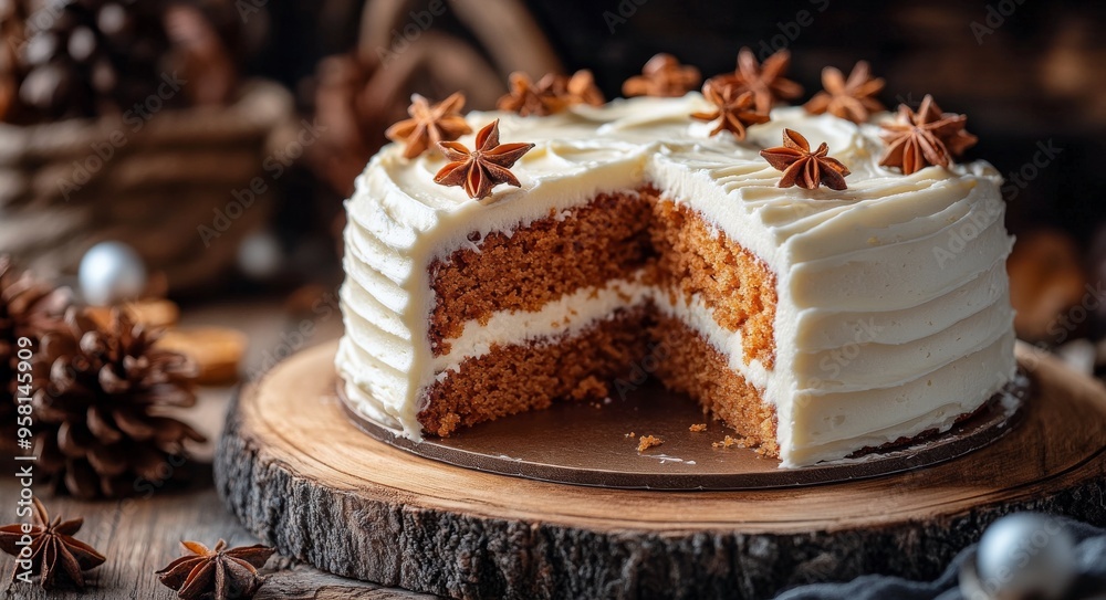 Deliciously decorated orange spice cake with creamy frosting and star anise on wooden table Deliciously decorated orange spice cake with creamy frosting and star anise on wooden table