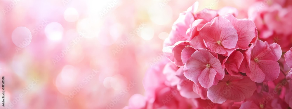 A tight shot of pink blossoms against a sunlit backdrop with soft, out-of-focus light in the distance A tight shot of pink blossoms against a sunlit backdrop with soft, out-of-focus light in the distance