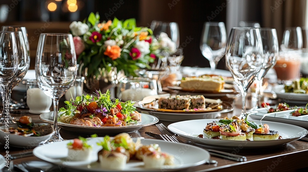 Elegant Dining Table Setting with Gourmet Dishes for Luxury Hospitality Experience Elegant Dining Table Setting with Gourmet Dishes for Luxury Hospitality Experience