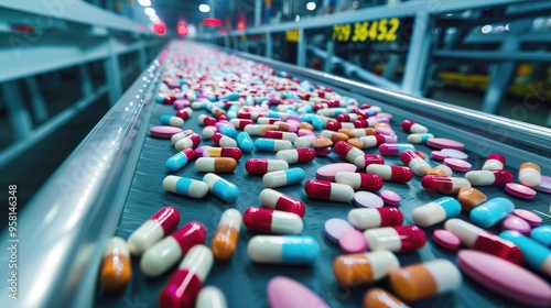 A wide shot shows colorful pills and capsules moving on a conveyor belt in a factory. The high quality photo has space for copy text or a banner design.