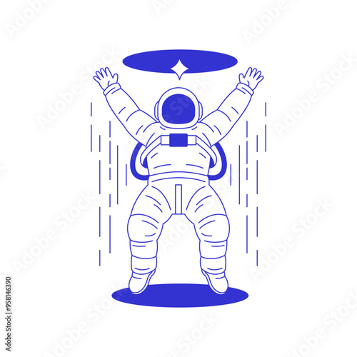 Y2k happy cosmonaut in space suit flying in universe hole line icon vector flat illustration. Overjoyed astronaut cosmos galaxy exploration hi tech cyber cosmic psychedelic retro groovy pen sketch