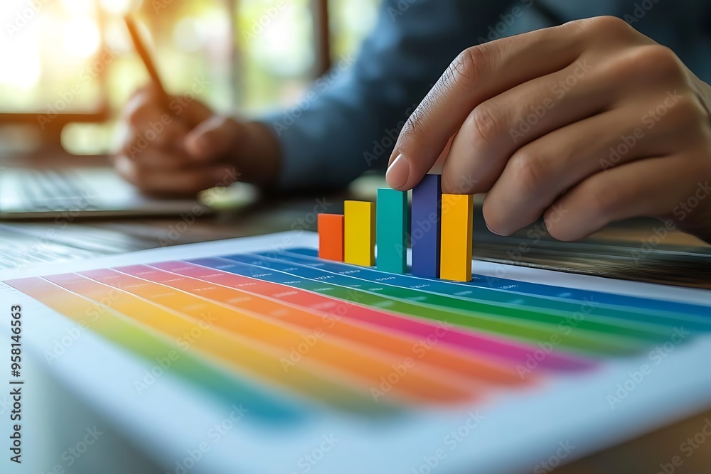 Hand Placing Colored Bar on Rainbow Chart Photo Hand Placing Colored Bar on Rainbow Chart Photo