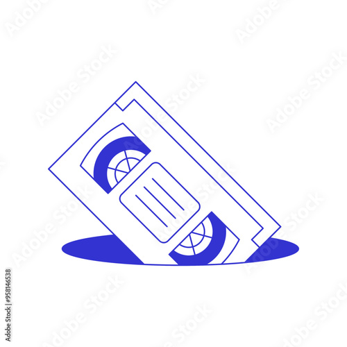 Y2k retro video tape cassette in hole psychedelic blue sketch line icon vector flat illustration. Vintage technology multimedia entertainment contemporary pop art minimal t shirt print