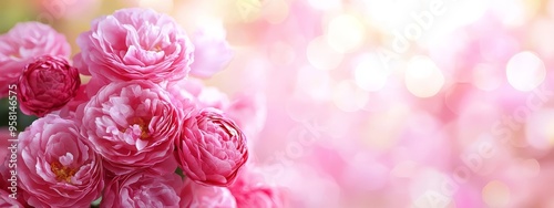  A bouquet of pink peonies against a backdrop of blurred pink and white flowers Pink blossoms in the foreground