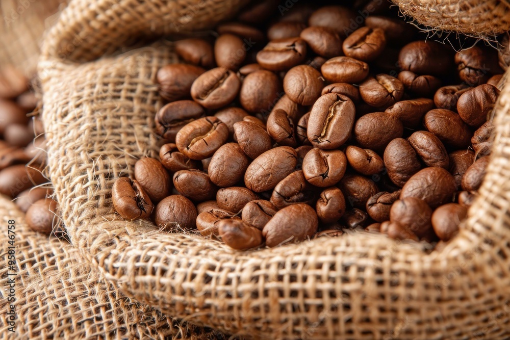 Roasted coffee beans spilling from a burlap sack, capturing the essence of freshly brewed coffee Roasted coffee beans spilling from a burlap sack, capturing the essence of freshly brewed coffee