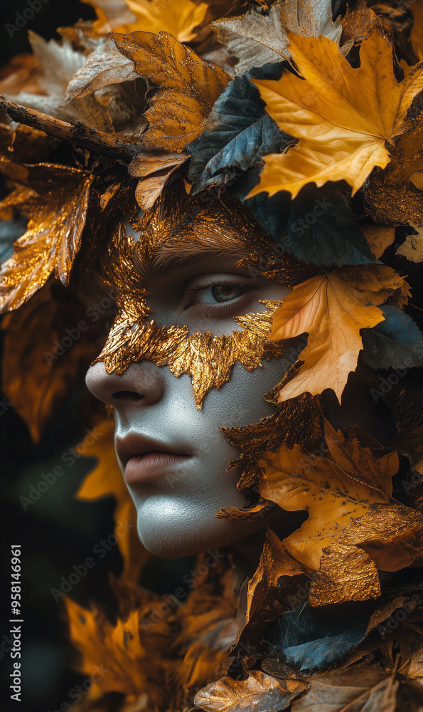 Personification of autumn in a pretty boy with autumnal features, make up and personified for the celebration of the autumn season. Personification of autumn in a pretty boy with autumnal features, make up and personified for the celebration of the autumn season.