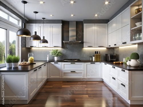 a photo image of a modern kitchen featuring white flat-panel cabinets with matte black knobs and sleek black countertops