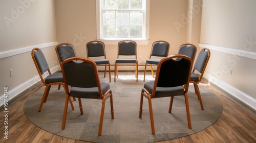 A support group meeting setup with chairs arranged in a circle