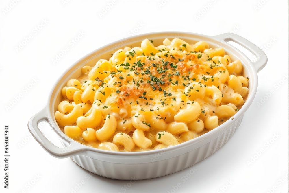 Creamy Macaroni and Cheese with Parsley in a White Baking Dish Creamy Macaroni and Cheese with Parsley in a White Baking Dish