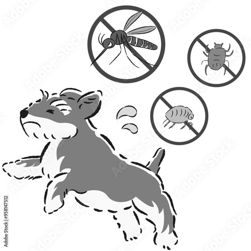 犬と害虫（蚊、ノミ、ダニ）のイラストセット